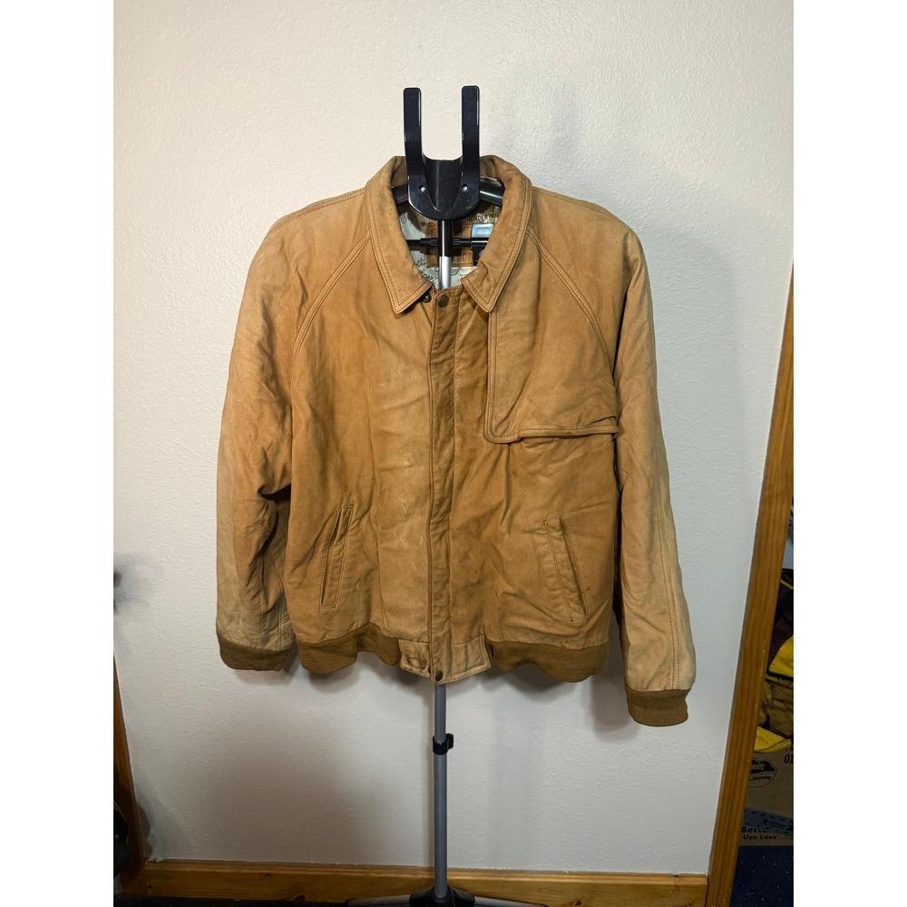 Vintage‎ Marlboro Adventure Team Leather Bomber Jacket Tan Map Lining Mens Large